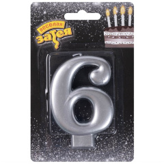 Свеча Цифра 6, Серебро, 8 см, 1 шт.