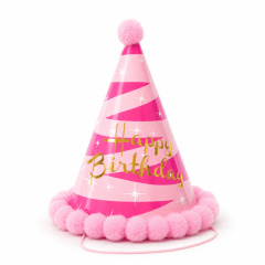 Колпак, Happy Birthday, Розовый, Фуше полосы, 1 шт.