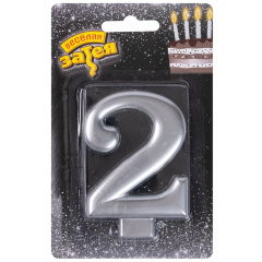 Свеча Цифра 2, Серебро, 8 см, 1 шт.